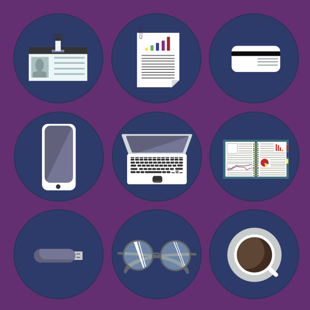 扁平办公的工作环境，工具和必需品。图片下载