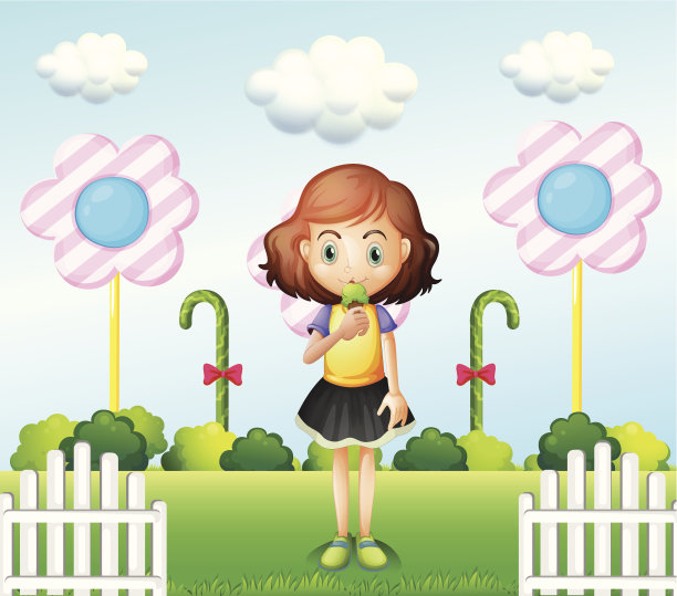 一个女孩在篱笆旁边吃着冰淇淋，里面有巨大的糖果图片下载