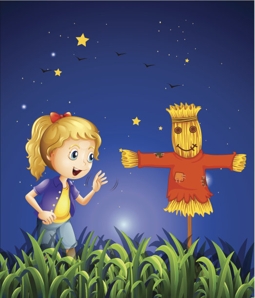 稻草人旁边的年轻女孩图片下载