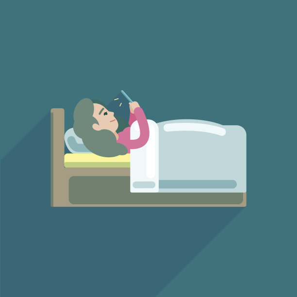 年轻女子在床上用智能手机发短信，矢量图标插图。图片下载