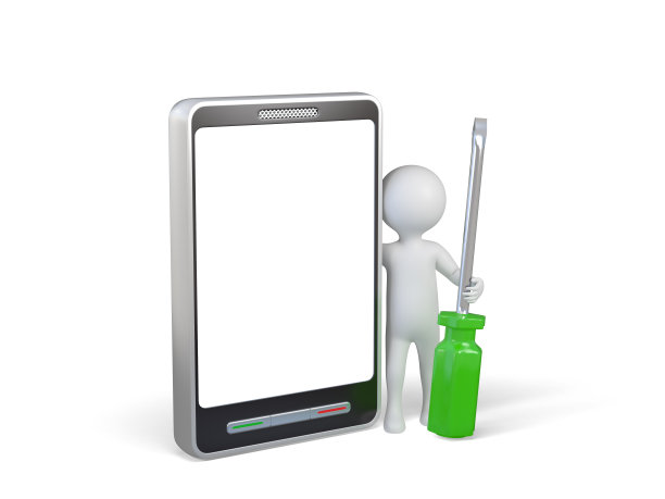 渲染器的形象。白人把螺丝刀放在智能手机旁边图片下载