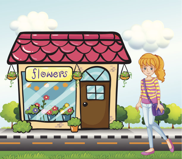 在花店外拿着包的女孩图片下载