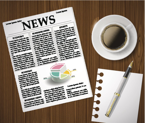 一张木桌上放着报纸和一杯咖啡图片下载
