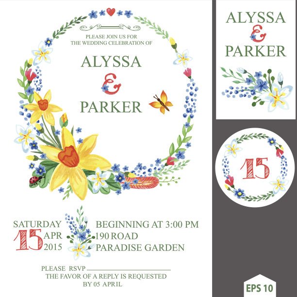 春天的婚礼请柬，带花圈。水仙花儿图片下载