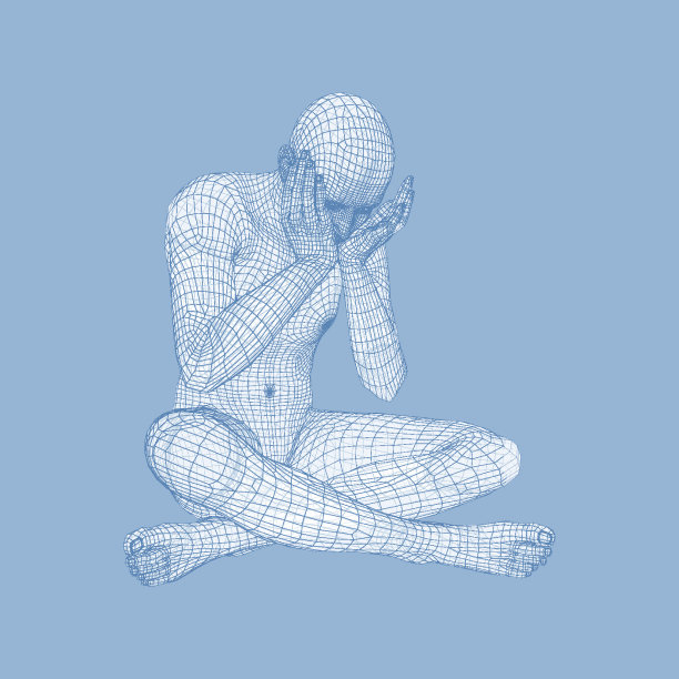 坐着思考的悲惨抑郁的人。摆着思考者姿势的人。素材图片