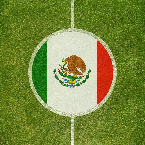 足球场中心特写，墨西哥国旗围成圆圈图片下载
