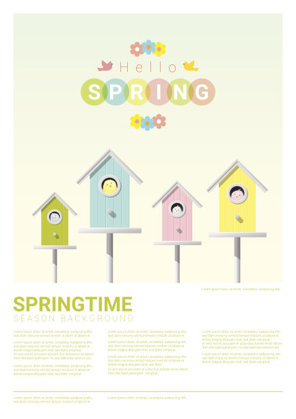 你好，春天的背景与小鸟在鸟屋3图片下载