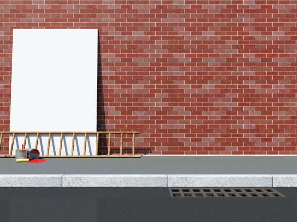砖墙附近的广告牌，上面有梯子和油漆罐图片下载