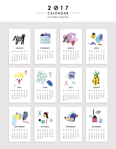 2017年创意日历。使用不同纹理的模板图片下载
