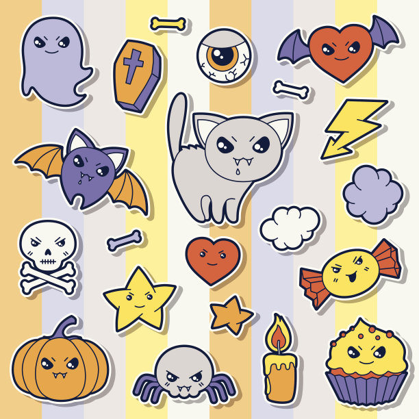 万圣节卡哇伊可爱的贴纸涂鸦和物体。图片下载