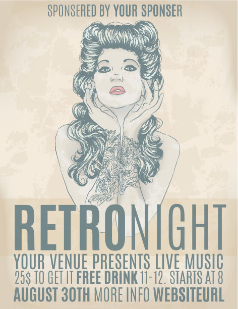 复古之夜的邀请传单上有乡村女孩图片下载