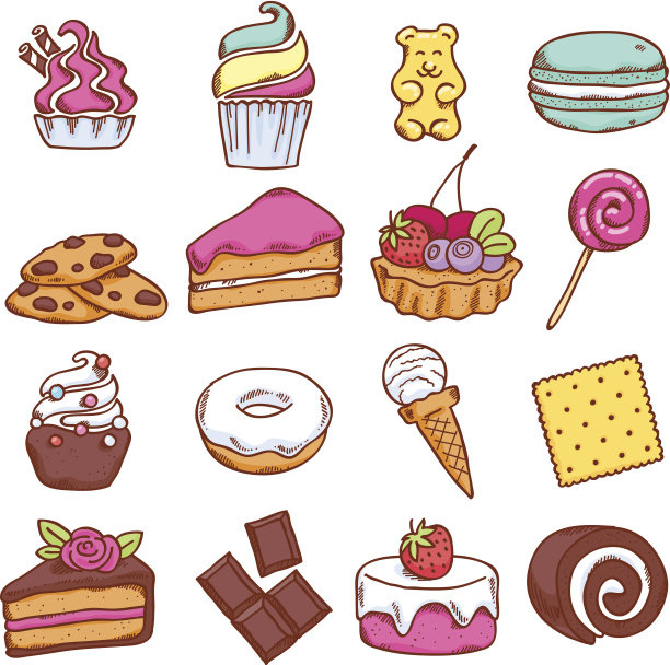 不同的彩色糖果图标设置在素描风格。图片下载