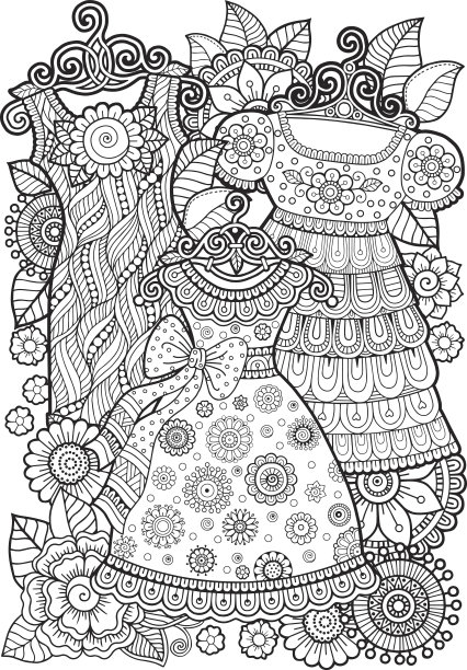 矢量着色书成人。复古连衣裙图片下载