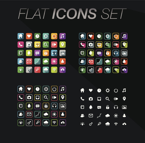 现代平面图标向量设置与长阴影效果图片下载