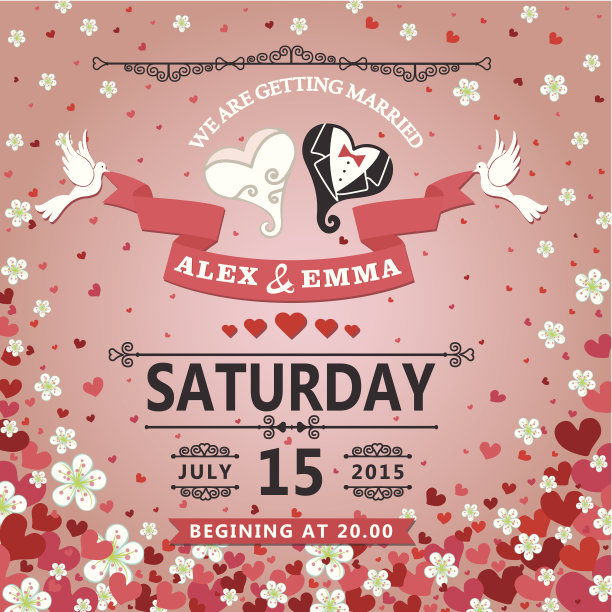 婚礼的邀请。程式化的心,丝带,鲜花的背景图片下载