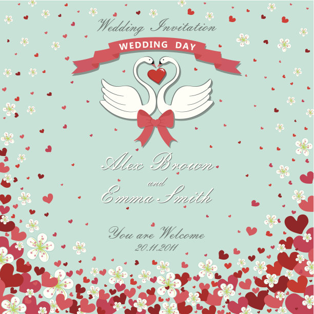 婚礼的邀请。天鹅,飞的心,花的背景图片下载