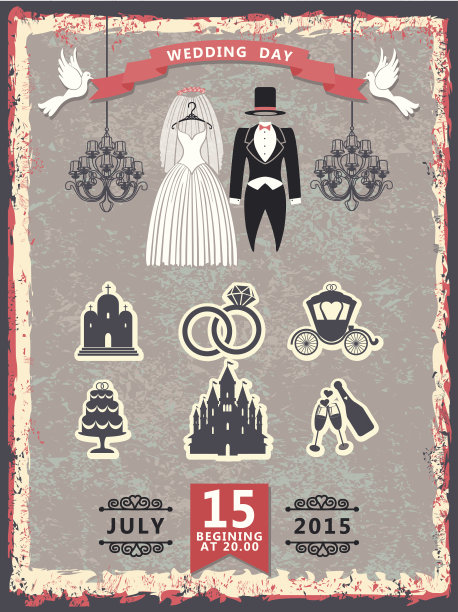 复古的婚礼服装和图标邀请图片下载
