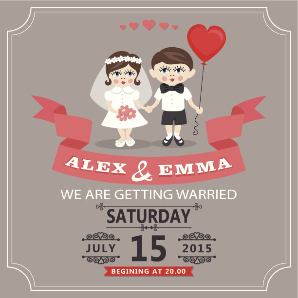 婚礼请柬与卡通欧洲婴儿新娘和新郎图片下载