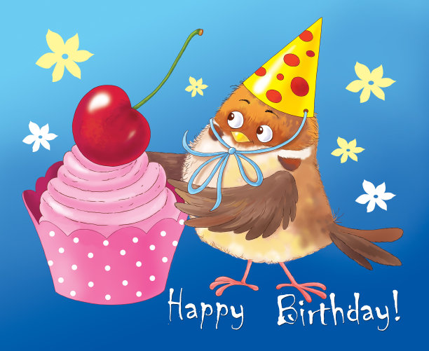 一只可爱的麻雀和一个纸杯蛋糕。生日贺卡。儿童插图图片下载