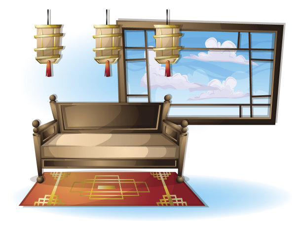 卡通矢量插图室内中式房间与分隔层图片下载