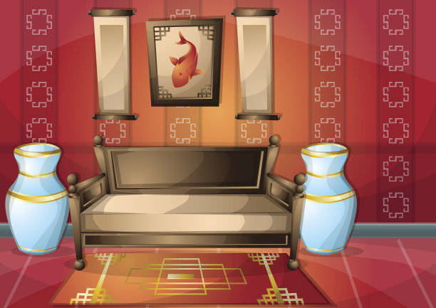 卡通矢量插图室内中式房间与分隔层图片下载