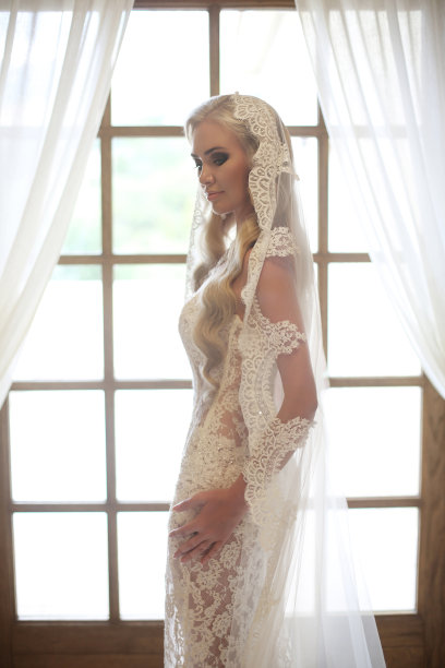 美丽的新娘肖像婚纱与长新娘面纱图片下载