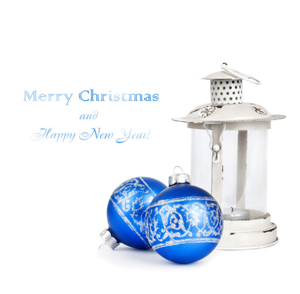 蓝色和银色的圣诞球和古董灯笼图片下载