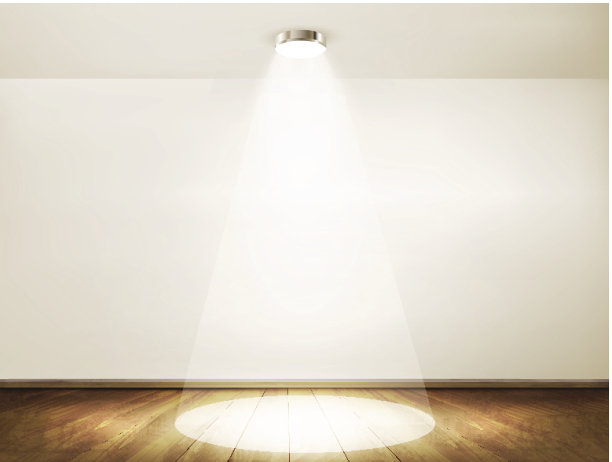 带有聚光灯和木地板的墙。展厅的概念。向量图片下载