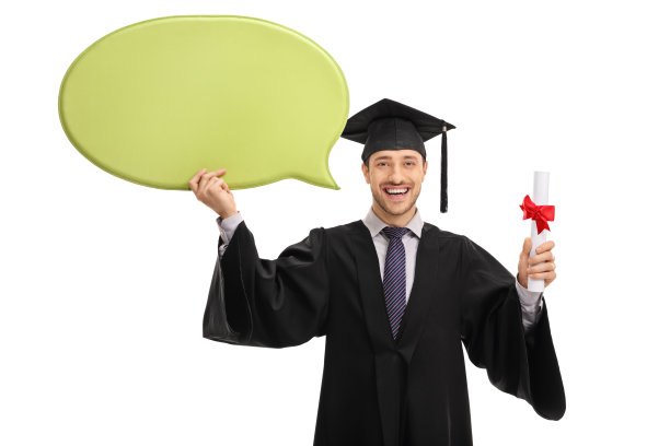 快乐的研究生拿着一个演讲泡泡和一个文凭图片下载