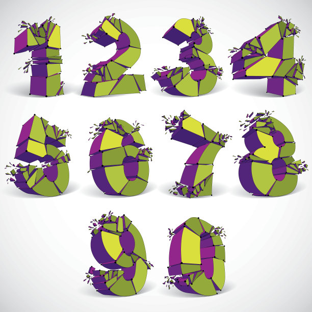 一组3d矢量彩色线框数字破碎成碎片图片下载