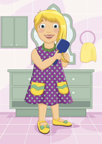 女孩梳头发矢量插图图片下载