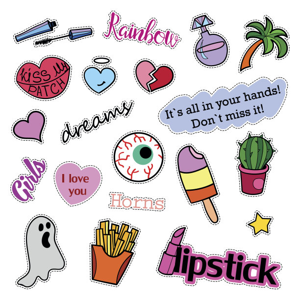 时装补丁徽章。大集合。贴纸，别针，刺绣，补丁和图片下载