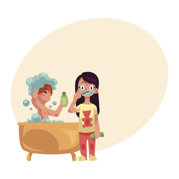 男孩在洗澡，洗头，女孩穿着睡衣刷牙图片下载