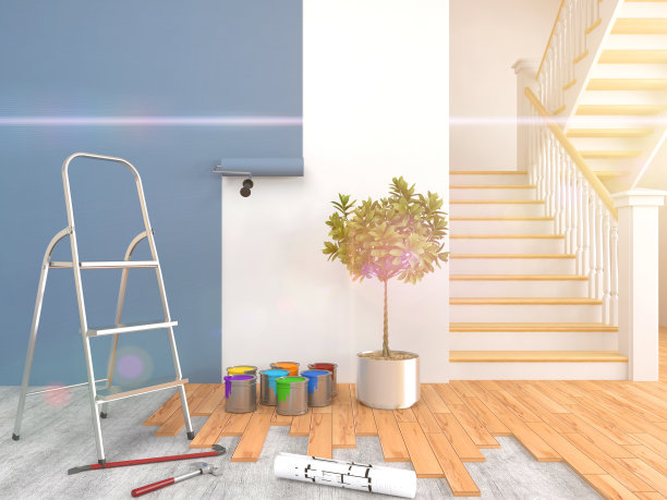 修理和粉刷房间的墙壁。三维演示图片下载