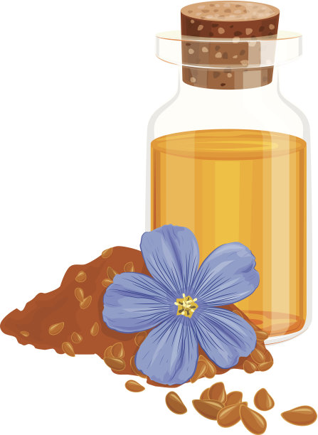 亚麻籽油在一个玻璃瓶，花，矢量插图图片下载