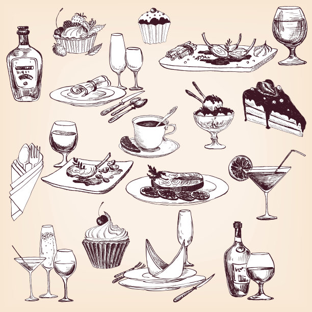 手绘一套餐具、食品和饮料图片下载