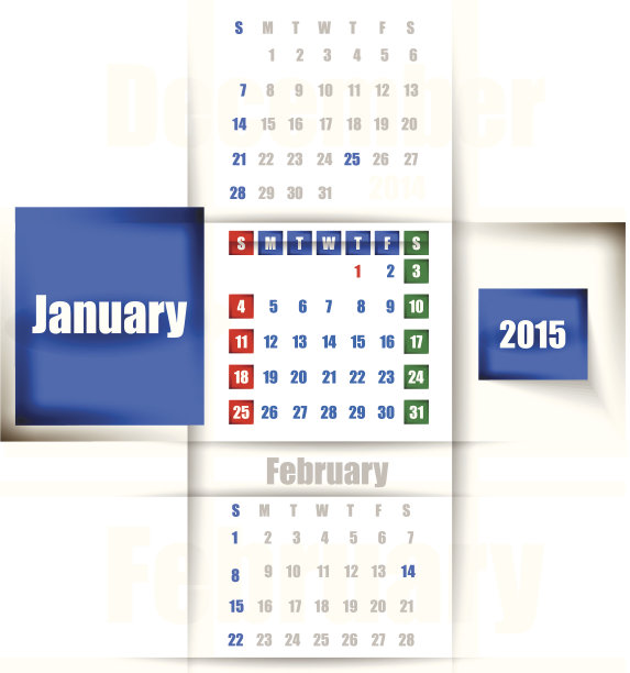 2015年1月日历。一周从周日开始。图片下载