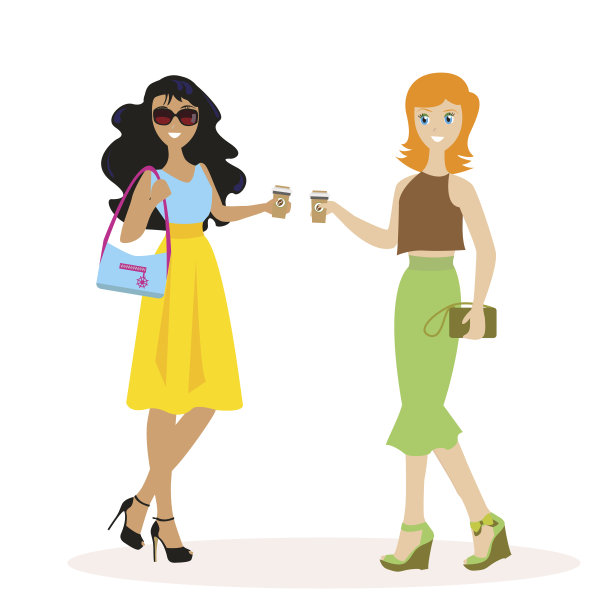两位朋友或同事在早上喝咖啡时交流，扁平风格人物，白色背景矢量插画图片下载