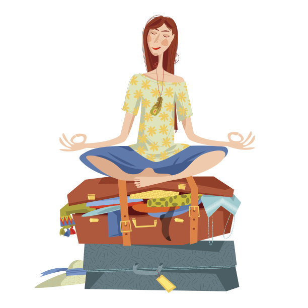 一名年轻女子坐在满是水的手提箱上，摆出瑜伽莲花的姿势，沉思着。为旅行做准备。旅行的概念。图片下载