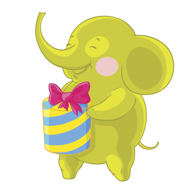 可爱的绿色大象在他手中的礼物笑和高兴。图片下载