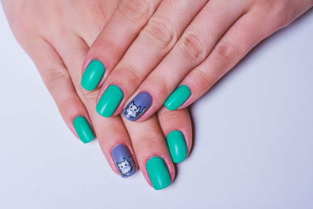 指甲艺术在绿松石白色的猫在灰色图片下载