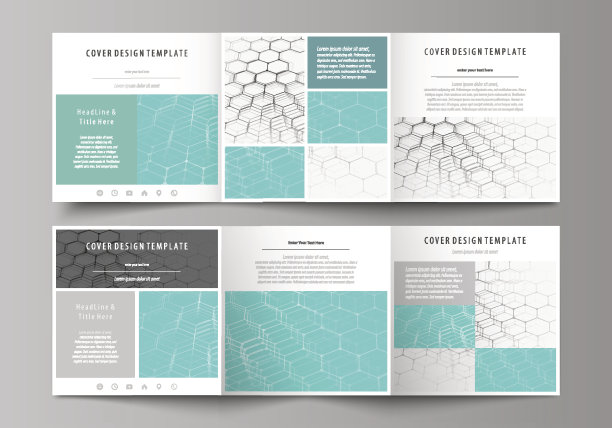 一套业务模板的三折方形设计手册。传单封面，抽象矢量布局。化学模式，蓝色上的六方分子结构。医学、科技理念图片下载