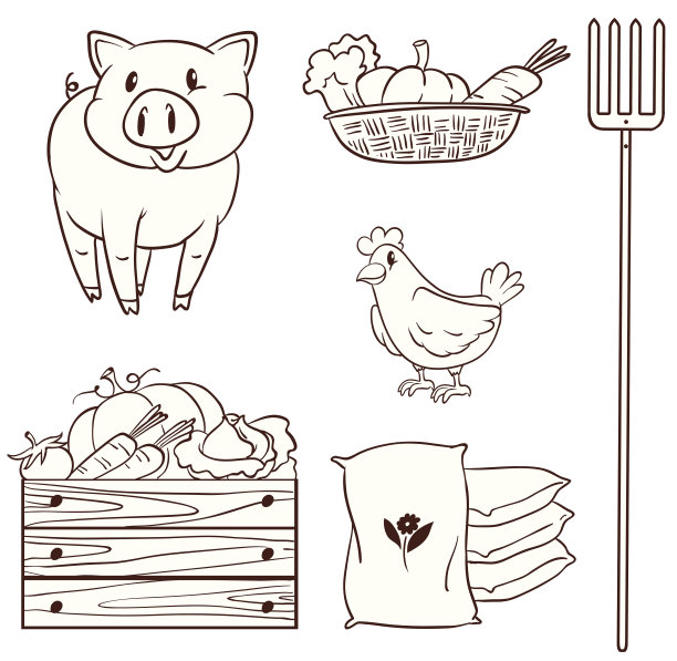 简单的素描农场动物和收获的蔬菜图片下载