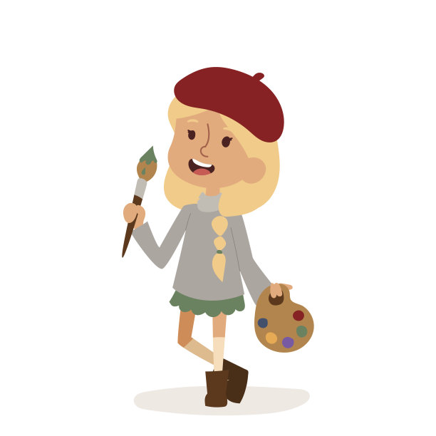 艺术家女孩艺术刷子上孤立的白色可爱的卡通向量职业插画人童年制服工人人物孩子图片下载