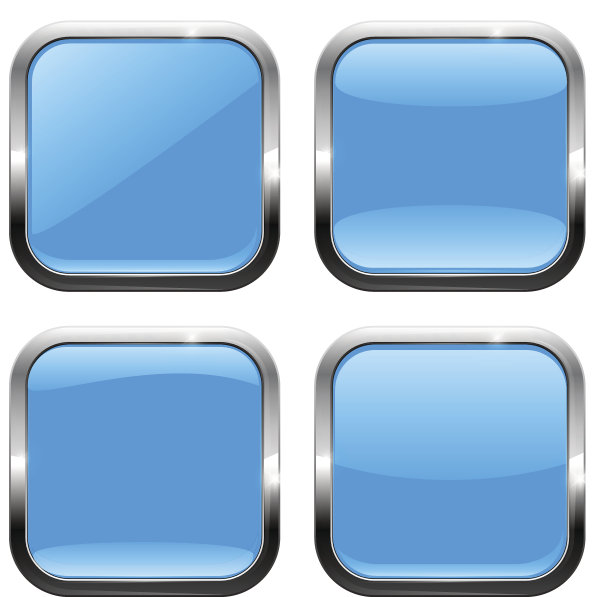 蓝色方块按钮。光滑的图标与金属框架图片下载