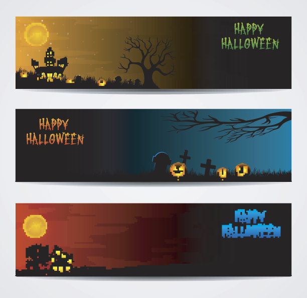 三个印有城堡和南瓜的万圣节横幅图片下载