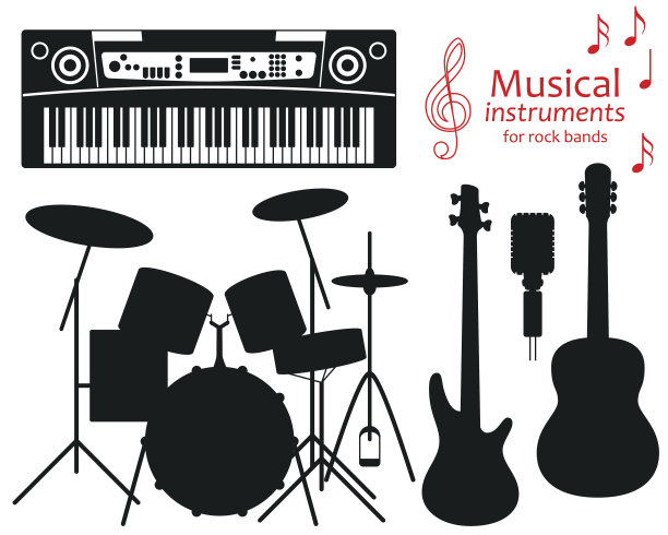 一组剪影图标。摇滚乐队的乐器。矢量图图片下载