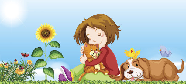 女孩和宠物在花园里图片下载