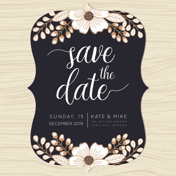 保存日期，婚礼请柬模板与花卉背景。图片下载