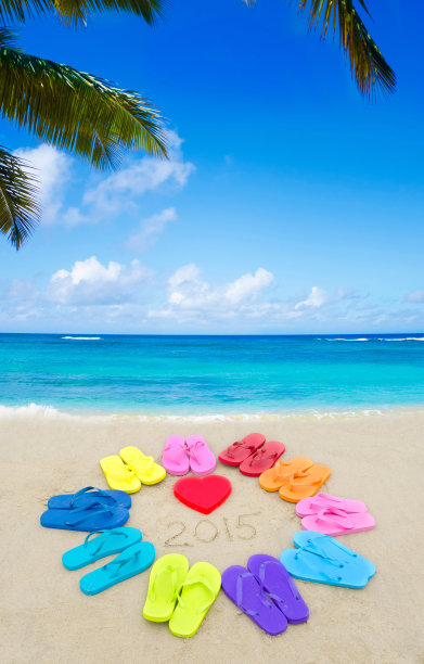 2015年，沙滩上穿着彩色人字拖图片下载